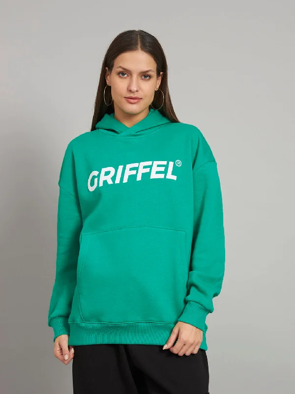 Griffel Women Oversized Fit Bottel Green Cotton Front Logo Fleece Hoodie Sweatshirt with Full Sleeve